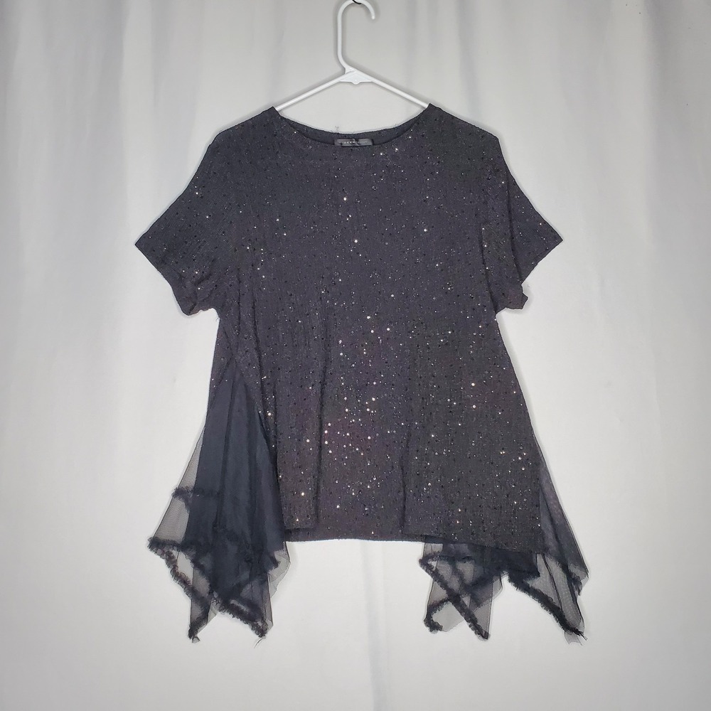 S Deer Top XL‎ Black Stretch Sequin Ruffle Tulle Short Slv Whimsigoth Fairycore